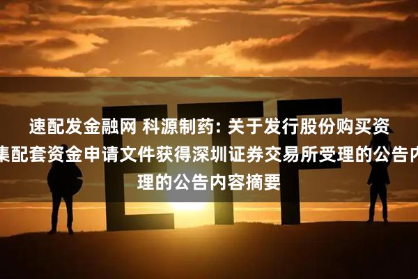 速配发金融网 科源制药: 关于发行股份购买资产并募集配套资金申请文件获得深圳证券交易所受理的公告内容摘要